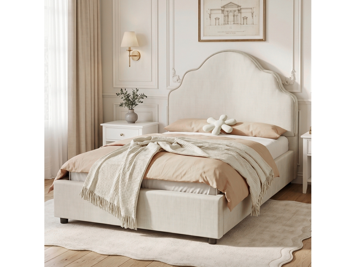 Cama Infantil Capitone 90x200 Cm Com Cabeceira Linho Bege Sem Colchão