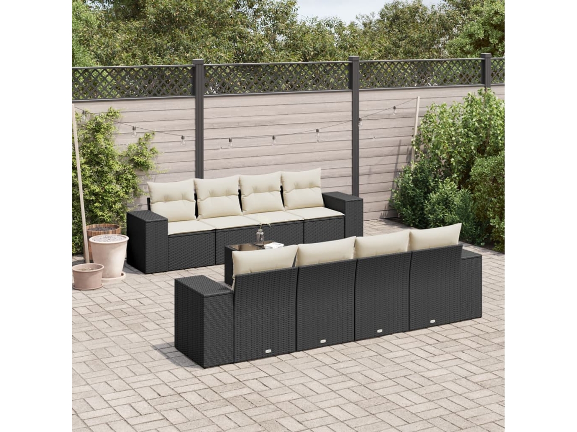 9 Pcs Conjunto De Sofás P/ Jardim C/ Almofadões Vime Pe Preto Dkd Home Decor
