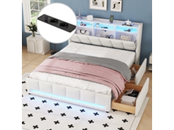 Cama Box 140x200 Cm Led App 2 Gavetas Usb Tomadas Bege Linho Sem Colchão