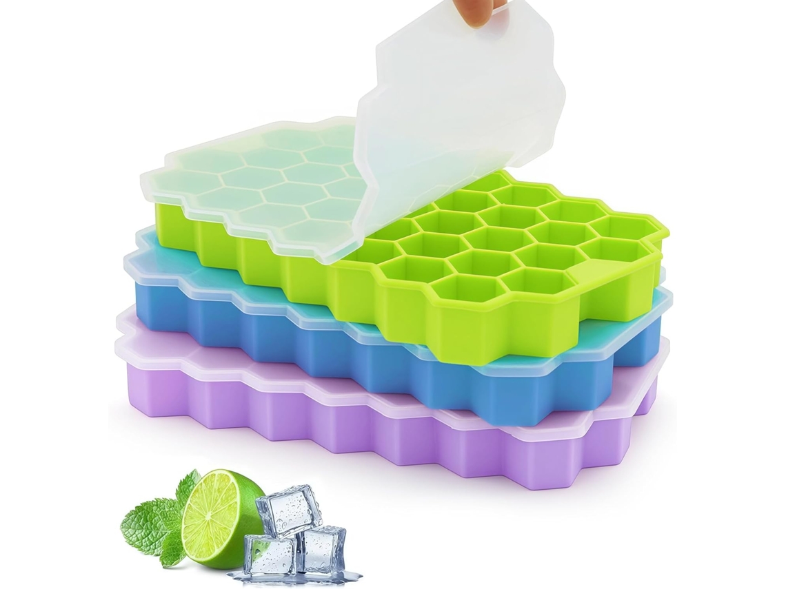 Conjunto De 3 Formas De Gelo De Silicone Com Tampa, 37 Compartimentos, Fácil De Desenformar, Reutilizáveis, 111 Cubos Pequenos