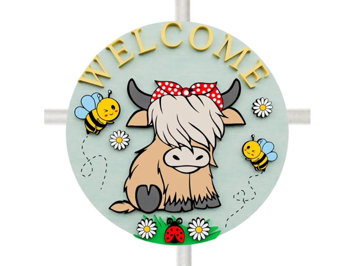 Placa De Boas Vindas Para Porta De Entrada, Enfeite De Vaca Das Terras Altas | Decoração Sazonal Par Gokoco