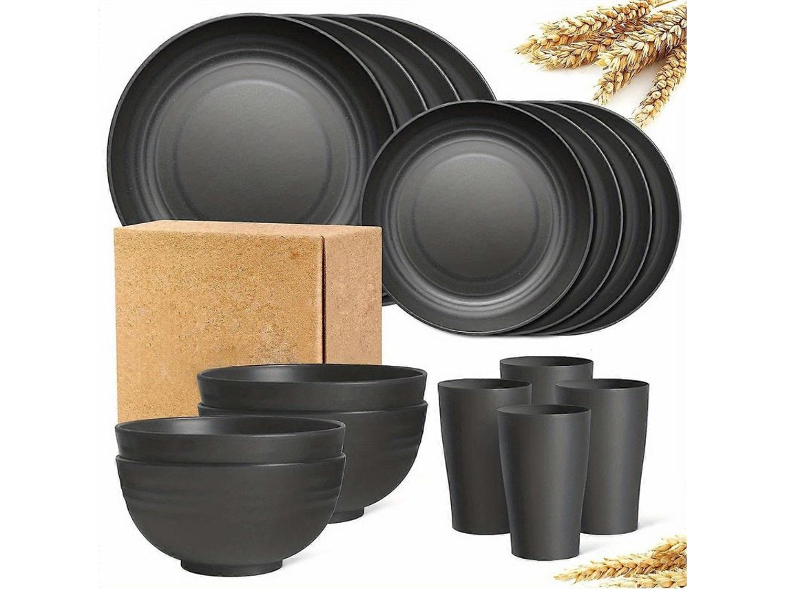Conjunto De Pratos De Palha De Trigo Inquebrável 16 Peças, Microwavável E Lavavajillas, Para Camping E Cozinha Preto