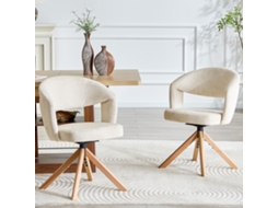 Conjunto de Cadeiras NOVELA giratórias retro, tecido creme, pés de madeira, encosto curvo, rotação 360°, branco