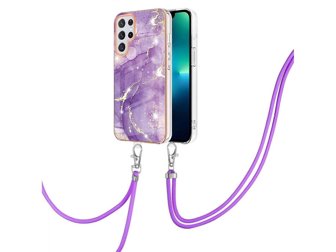 Capa Dupla Face Em Tpu Imd Com Efeito Mármore E Revestimento Eletroplástico Para Samsung Galaxy S23 Ultra 5g, Com Cordão.