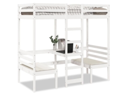 Vidaxl Cama Alta C/ Secretária/cadeiras 80x200 Cm Pinho Maciço Branco
