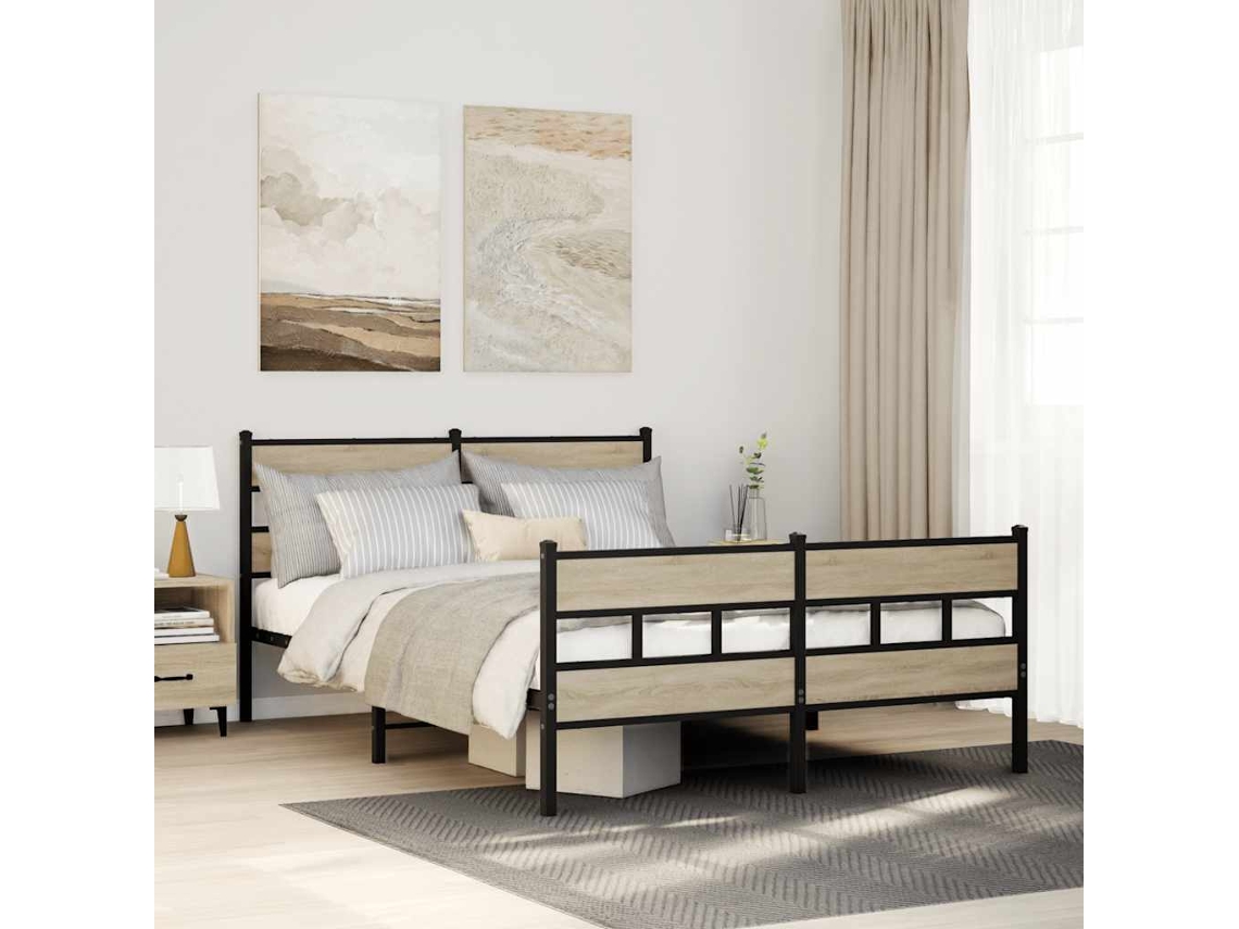 Vidaxl Estrutura De Cama Sem Colchão 135x190 Cm Metal Carvalho Sonoma