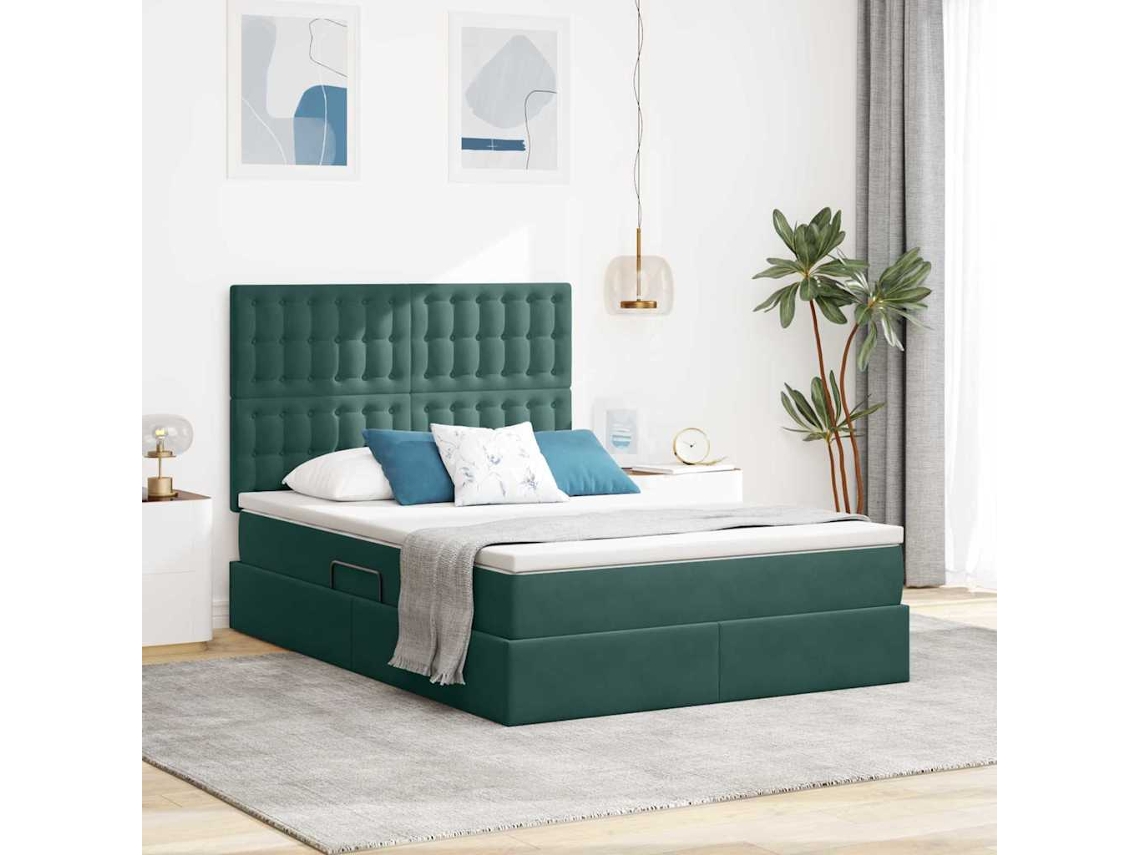 Vidaxl Cama Com Arrumação E Colchão Verde Escuro 140 X 200 Cm Veludo