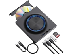 Unidade externa multifuncional de CD/DVD equipada com hub USB 3.0, leitor de cartucho SD/TF e suporte USB-C — compatível com Windows e Mac.