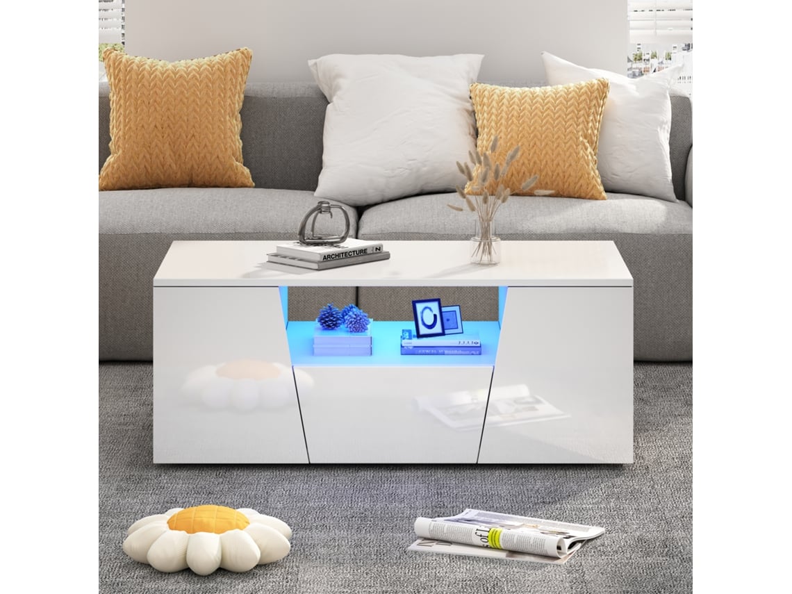 Mesa de Centro de 100*50*40cm, com Luz Led, 2 Armários e 1 Gaveta. ZKAKA