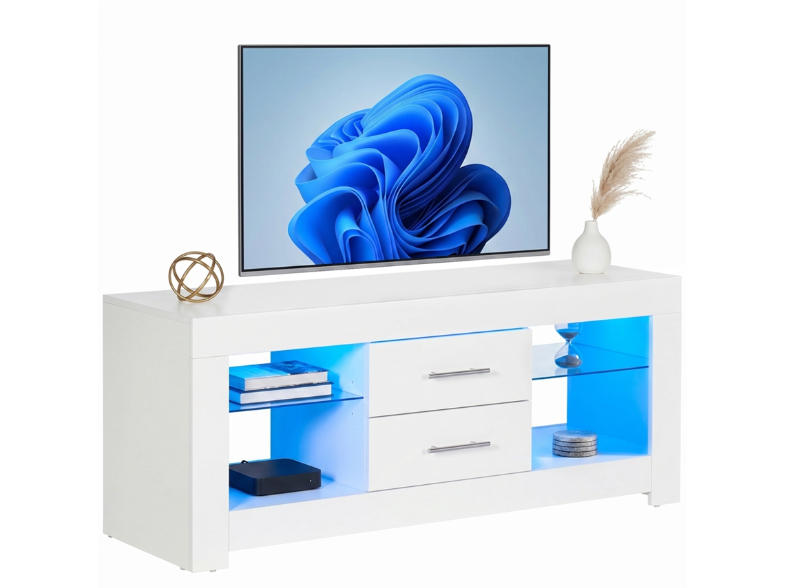 Suporte Para Tv De 55" Com Luzes Led De 12 Cores E Controle Remoto, Madeira E Vidro, 120x40x50cm, Branco