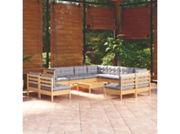 12pcs Conjunto Lounge De Jardim Almofadões Cinza Pinho Maciço Dkd Home Decor