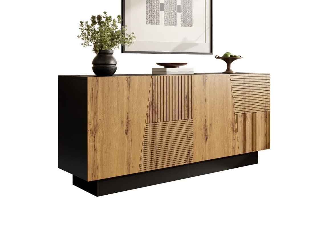 Aparador 160 Cm - Grande Capacidade De Armazenamento, Design Geométrico, Prateleira Ajustável - Preto/madeira
