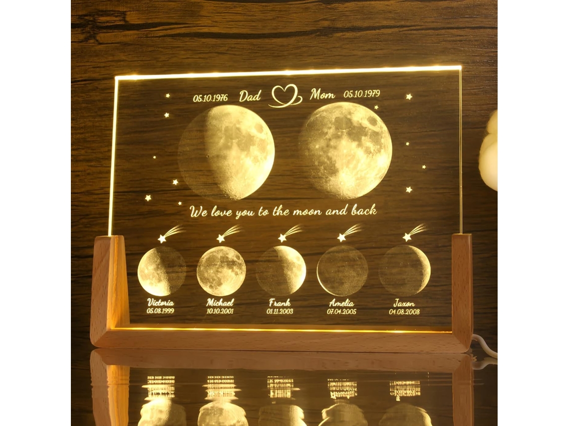 Luminária noturna de cristal personalizada com fases da lua