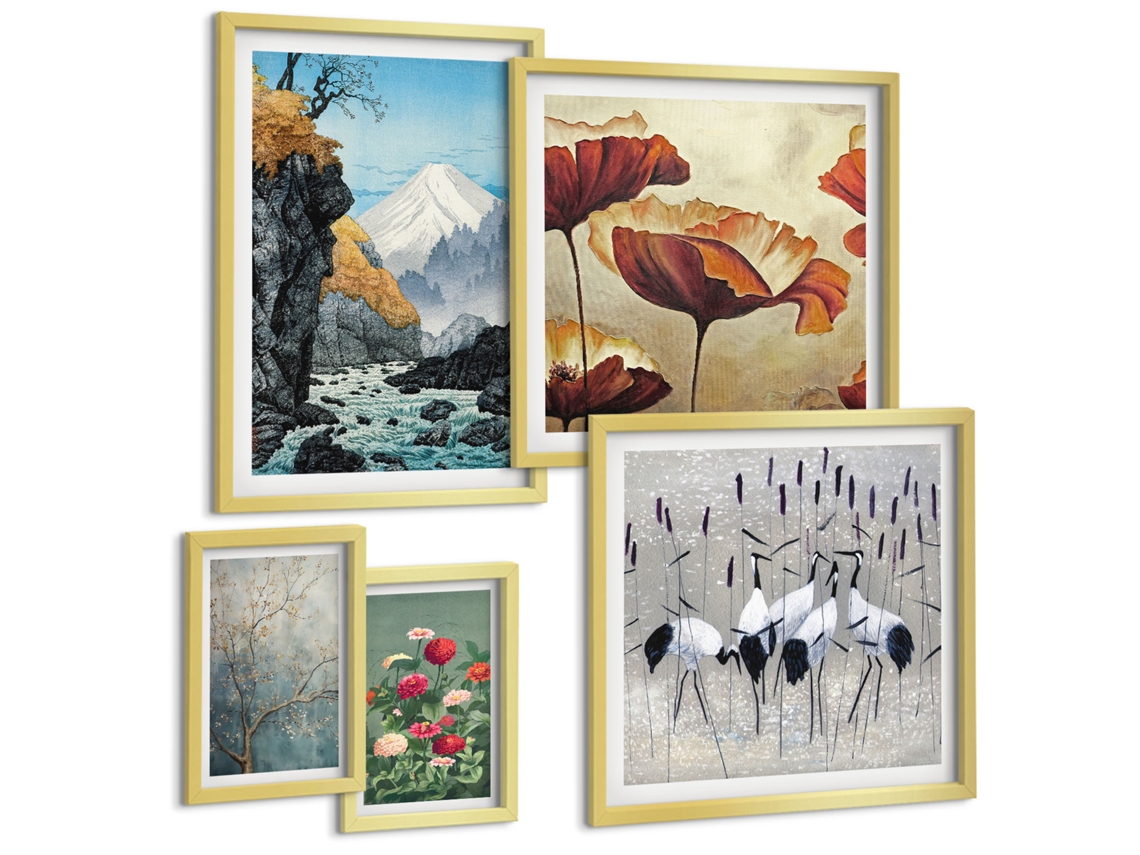 Pinturas Murais Modernas Figuras De Plantas Estilosas, Matisse Moldura Dourada Fotos Para O Escritório Espelharte (conjunto De 5 Imagens)