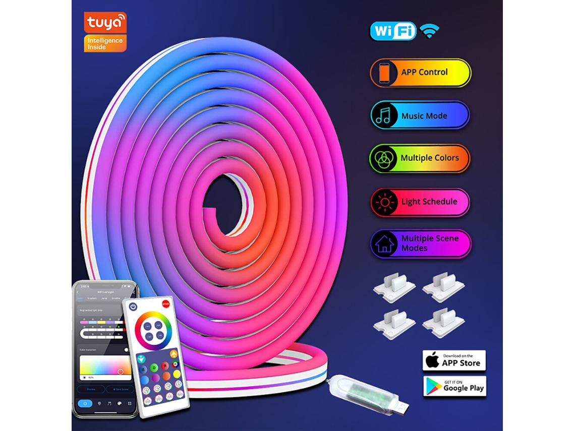 2m-lixincorda Fita Led Rgb Neon Inteligente Com Bluetooth, Luzes De Cor Que Mudam, Fita Led De Silicone Neon Com Controlo Por Aplicação Wifi + Bluetoo