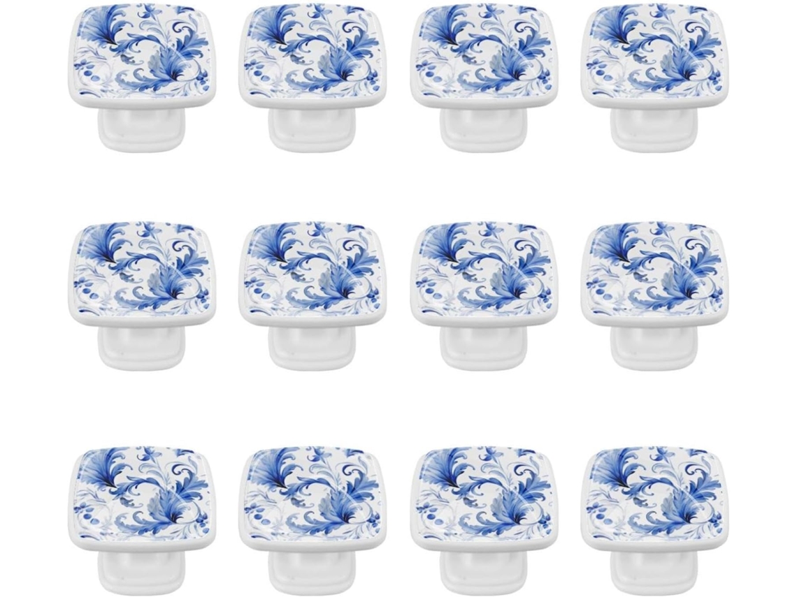 Puxadores E Maçanetas Quadradas Para Armários De Cozinha, Conjunto De 12 Peças, Com Estampa Floral Azul E Folhas