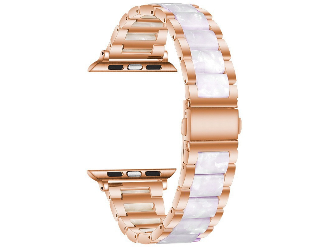 Pulseira de 22 mm com elos metálicos e de resina, em ouro rosa com detalhes em branco brilhante, compatível com Apple Watch.