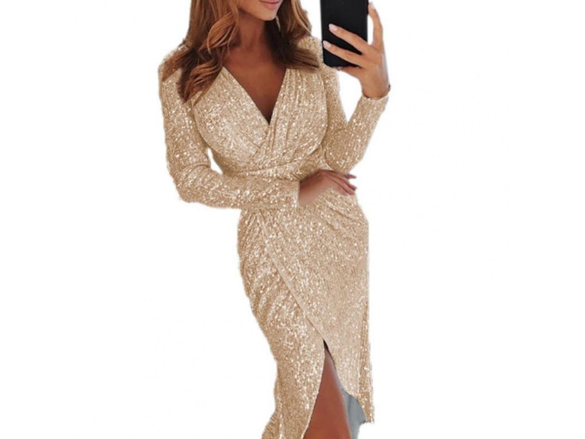 2026-vestido Pencil Para Mulher Com Decote V E Strass, Sexy E Ajustado Para Festa E Casamentos M Champagne