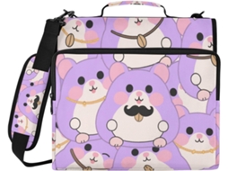 Pasta de 3 Argolas com Bolsos Extras, Alça Ombro e Mão para Escola Escritório, Estampa Hamster, Roxa. Seguro