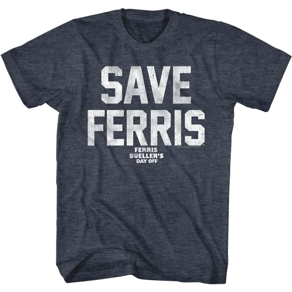 Rockinstone Ferris Bueller's Day Off Save Ferris White Ink Heather Navy Adult T-shirt Size:l