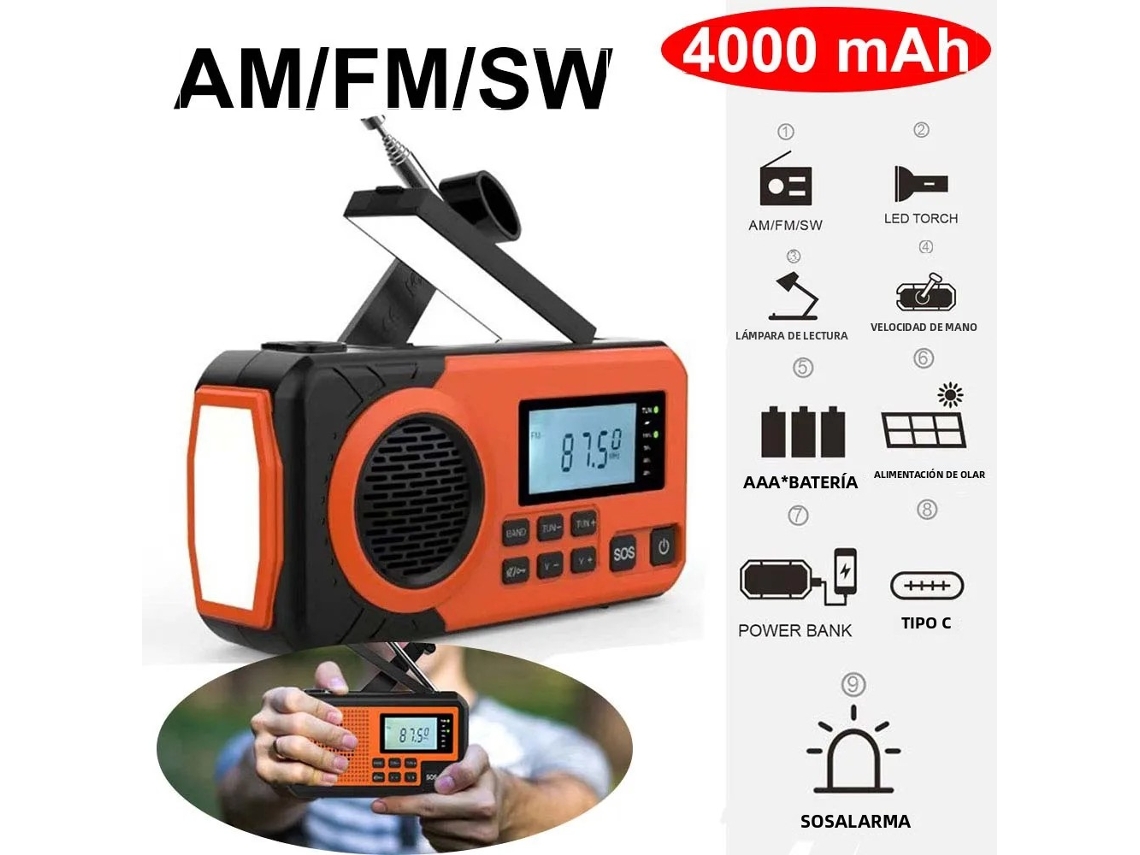 Rádio Portátil de Emergência Am/fm com Energia Solar e Manivela, Bateria de 4000mah, Led, Carregador de Celular e Externa AQUAFORGE