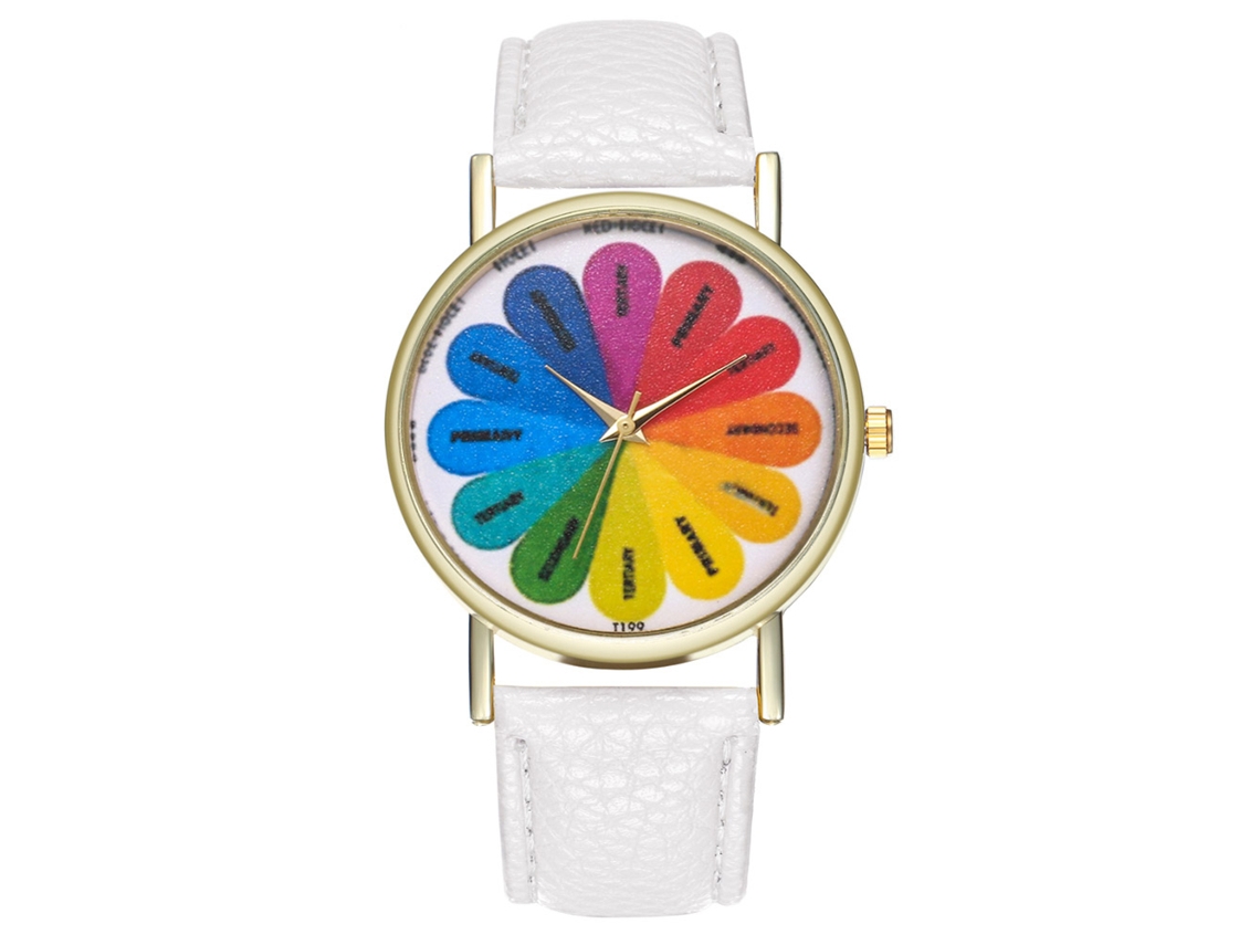 Relógio feminino casual de quartzo com pulseira de couro sintético e mostrador redondo branco.