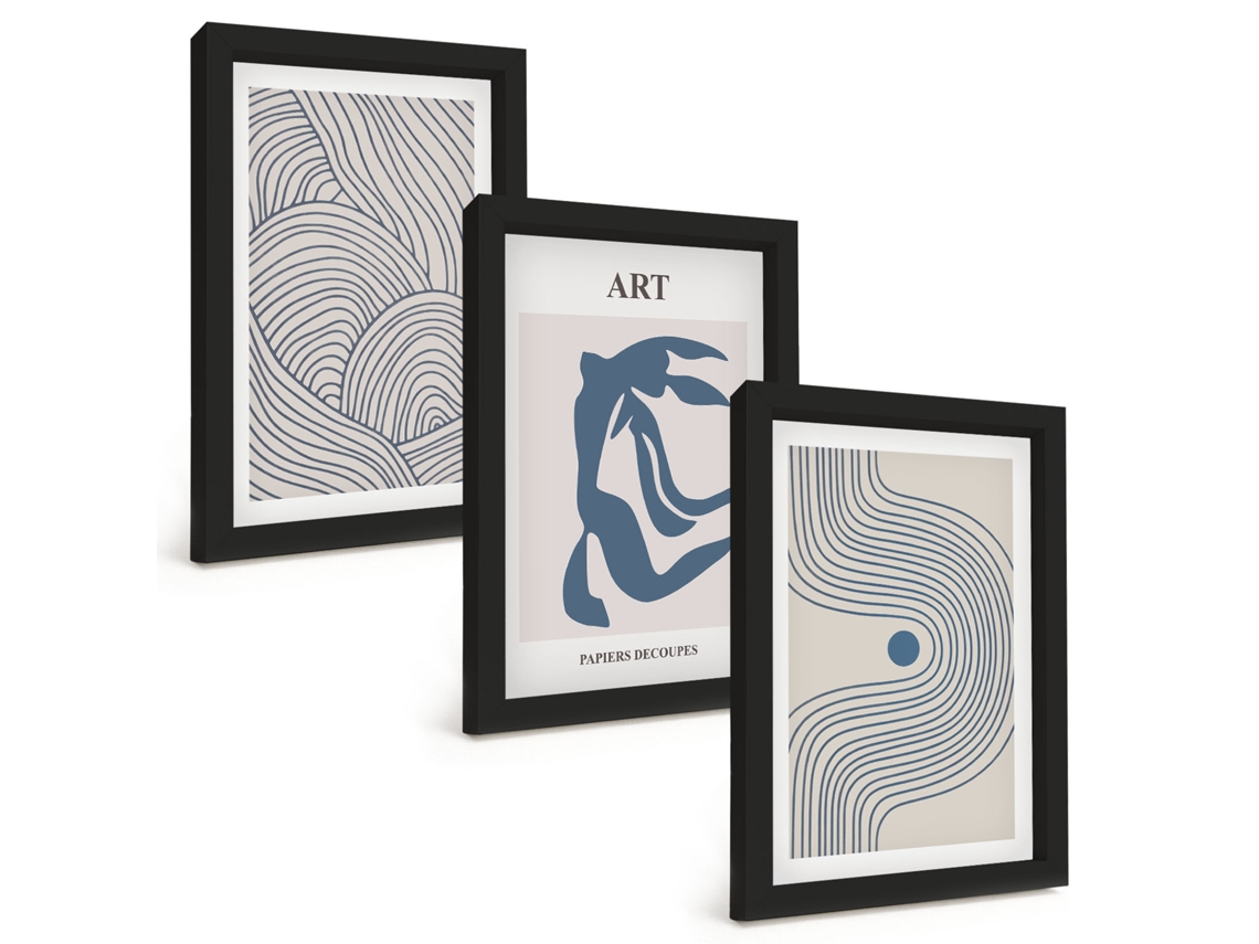 Composição De Quadros Linhas Abstratas Azuis Espelharte (3 Peças 20x30 Cm)