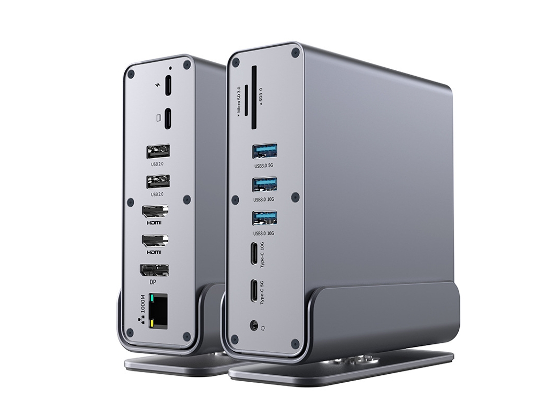 Estação de Ancoragem YIZHOOD 15 em 1 Usb-C 100W Host de Carregamento Rápido / Usb 2.0 / 3.0 Hub / Hdmi 4K60Hz / Pd 4K / 60Hz / Rj45 Cinza