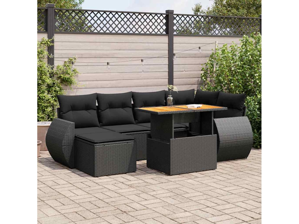 Vidaxl 7 Pcs Conjunto de Sofás P/ Jardim C/ Almofadões Vime Pe Preto