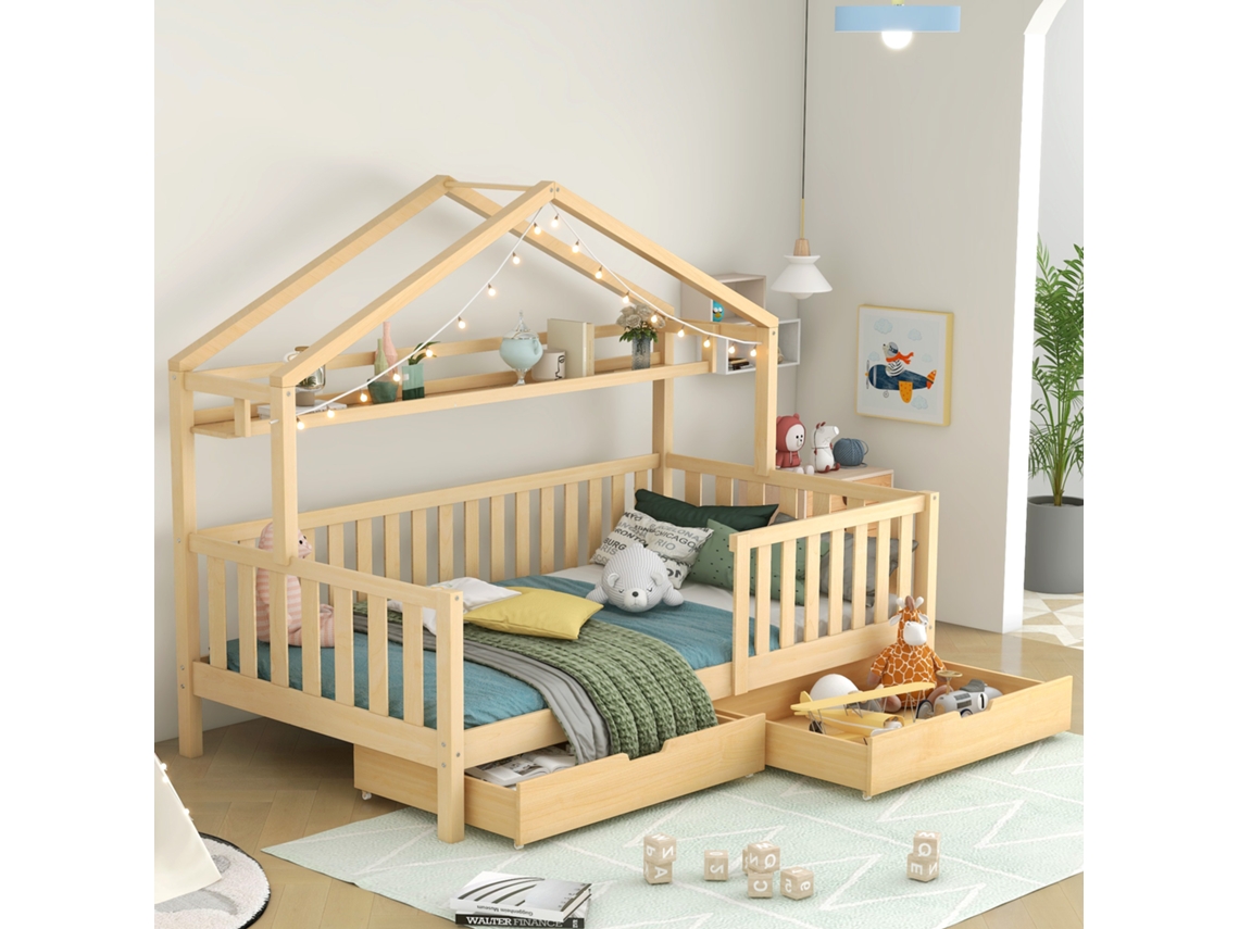 Cama Casa Madeira Natural 90x200cm, Gavetas, Ripas.-op