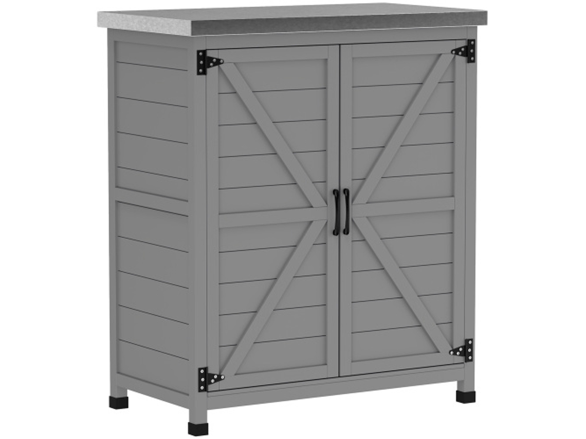Casinha De Ferramentas Exterior Resistente Às Intempéries, Com Bancada, Portas Duplas, Prateleiras, 79 X 43 X 92 Cm, Cinzenta. BAGOLY