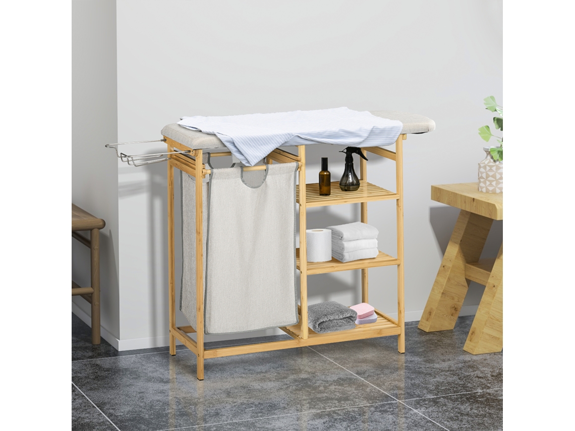 Cesto De Roupas 57l, Bambu, Tábua De Passar Embutida, Saco De Tecido, 113x34x82cm, Natural E Cinza