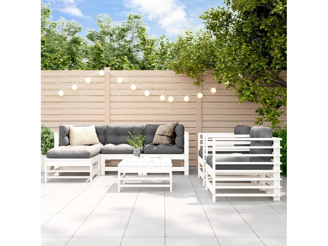 Conjunto Lounge Jardim Pinho Maciço Branco 7 Pcs Dkd Home Decor