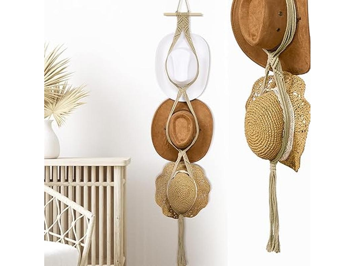 Cabide de Macramê para Chapéus para Parede BRILVIBERA (bege, Estilo Três Chapéus)