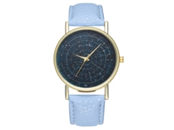 Relógio masculino com mostrador céu estrelado, movimento de quartzo e pulseira de couro azul claro.