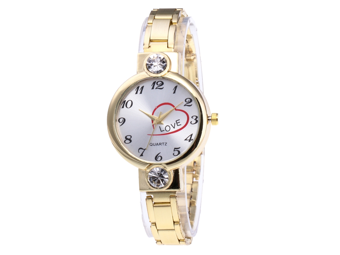 Relógio de Pulso Feminino de Quartzo com Strass e Pulseira de Aço Padrão Coração (ouro)