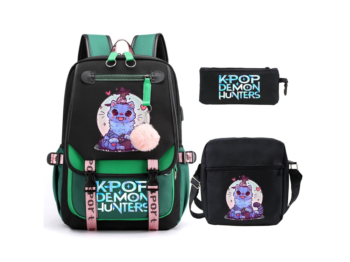 Mochila Escolar De Anime Conjunto De Três Peças, Com Bolsa Transversal E Estojo, Grande Capacidade, À Prova D'água, Estilo 1 Verde