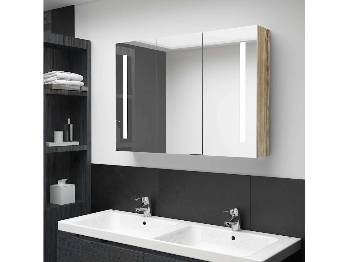 Vidaxl Armário Espelhado P/ Casa De Banho Com Led 89x14x62 Cm Carvalho