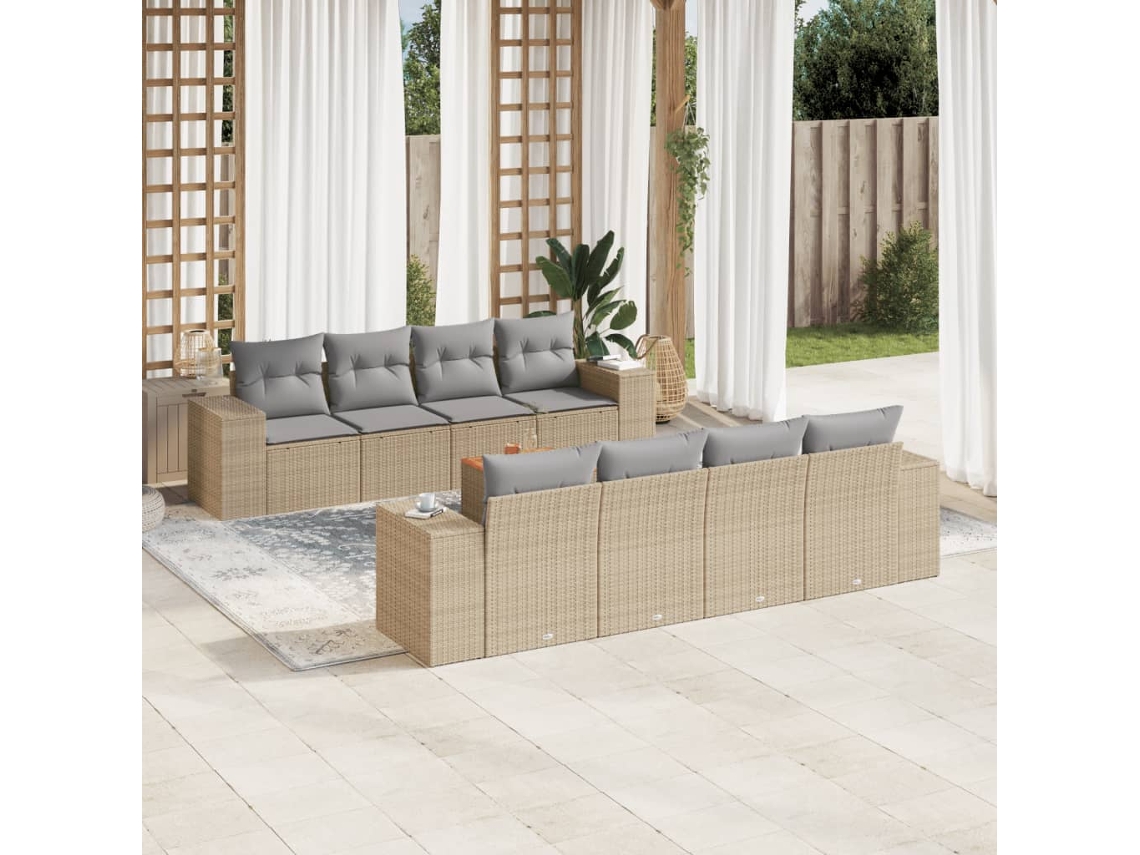 Vidaxl 9 Pcs Conjunto De Sofás P/ Jardim Com Almofadões Vime Pe Bege