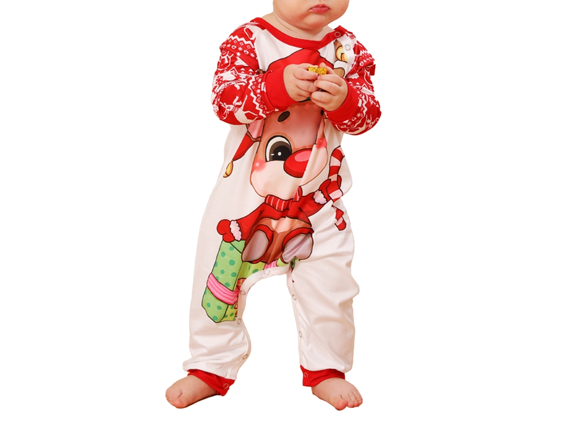 Pijamas Navideños Para Bebé 12-18m Con Estampado De Ciervo, Cuello Redondo Y Puños De Punto Rojo