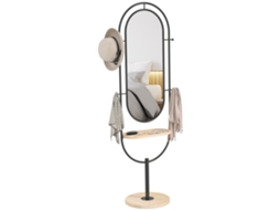Espelho de Chão Oval com Tampo de Madeira, 4 Ganchos e Moldura de Metal, 50 X 40 X 175,5 Cm, Preto ESSÊNCIACASA
