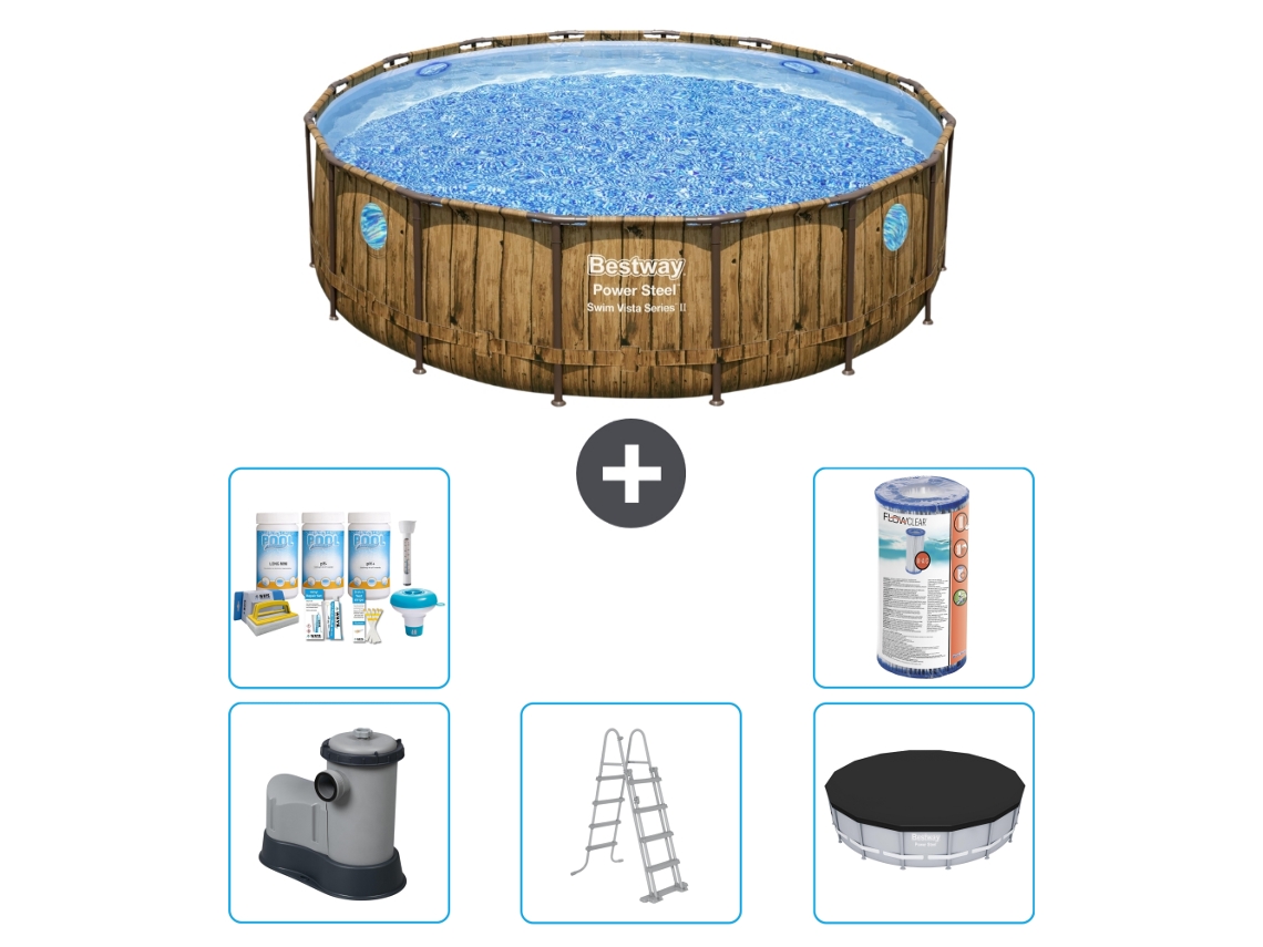 Piscina BESTWAY Round Power Steel Swim Vista Impressão em Madeira 488 X 122 Incluindo Bomba Escada Capa Pacote de Manutenção Filtro