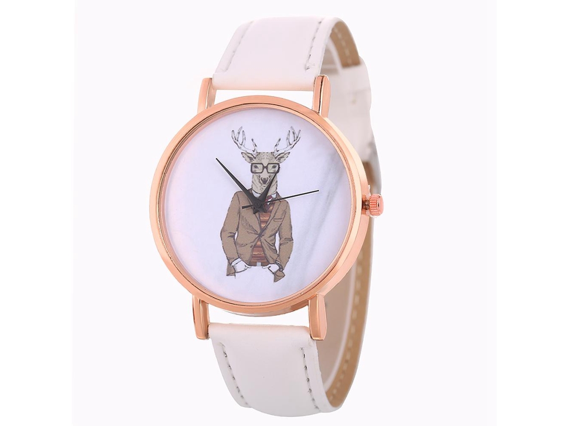 Relógio de casal unissex Zhoulianfa, estampa de veado, pulseira de PU, quartzo, branco