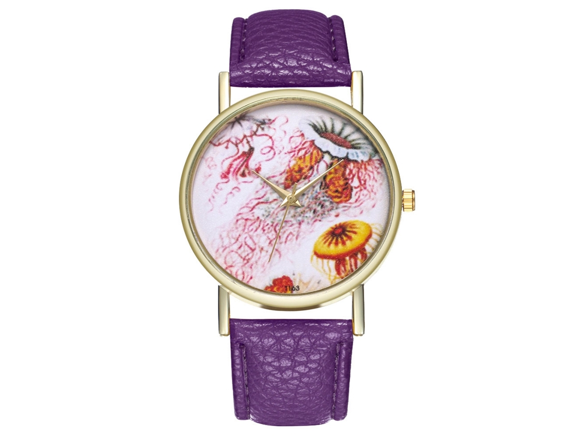 Relógio de quartzo casual para homens, mulheres e meninas com pulseira de couro PU roxa.