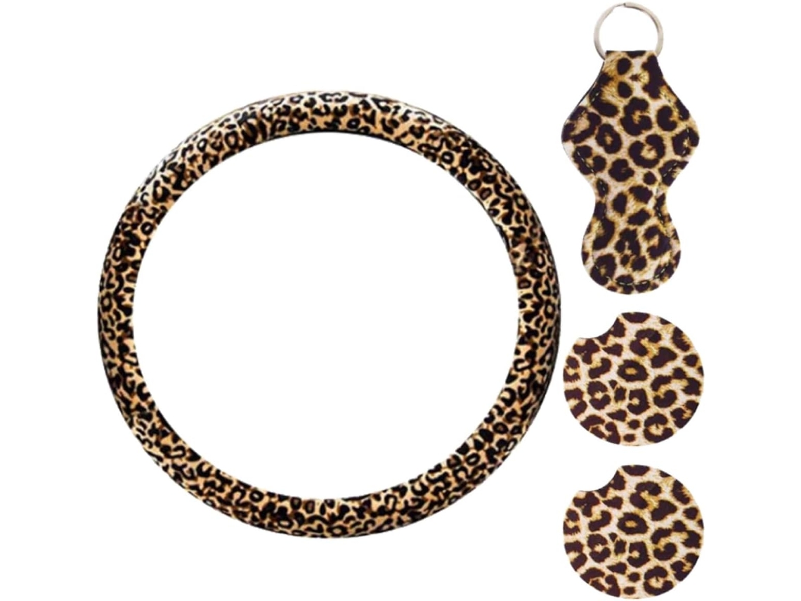 Capa para volante em neoprene com estampa de leopardo, antiderrapante, conjunto de 4 peças, com chaveiro e suporte para carro.