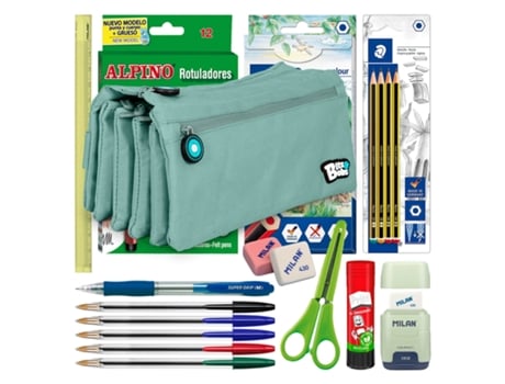 COLEPACK Bitsbobs Estojo Escolar Cuádruple de 4 Fechos e Material Incluido Azul Soft