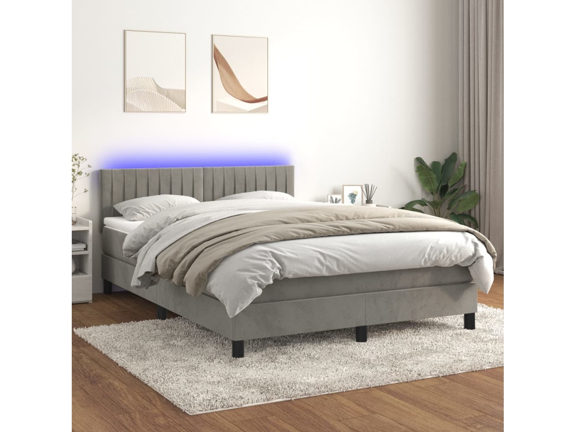 Vidaxl Cama Box Spring C/ Colchão/led 140x190 Cm Veludo Cinzento