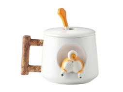 Chávena de Café em Cerâmica Caneca com Design de Shiba Inu em 3D com Cabo de Madeira e Colher Ideal para Presentes 420Ml. NEVEANCE