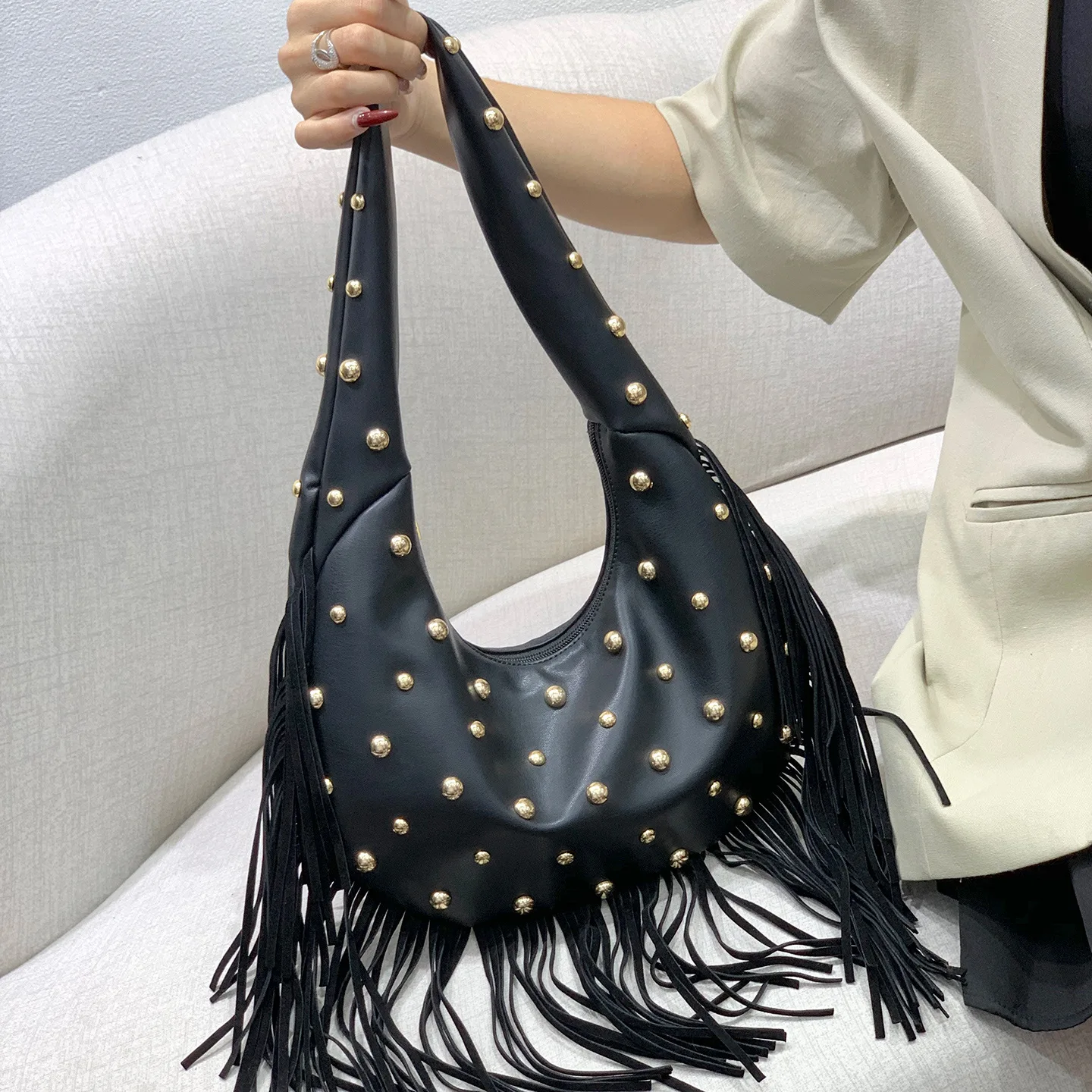 Bolsa De Ombro Com Tachas Estilo Punk (preta), Bolsa Feminina De Grife Com Grande Capacidade.