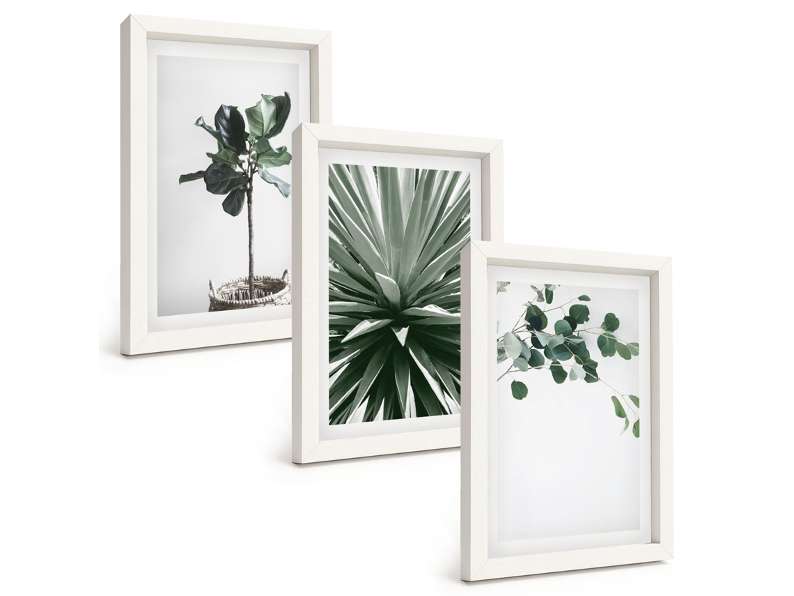 Conjunto De Pinturas Plantas Verdes, Minimalismo Moldura Branca Quadros Para A Sala De Estar Espelharte (3 Peças 20x30 Cm)